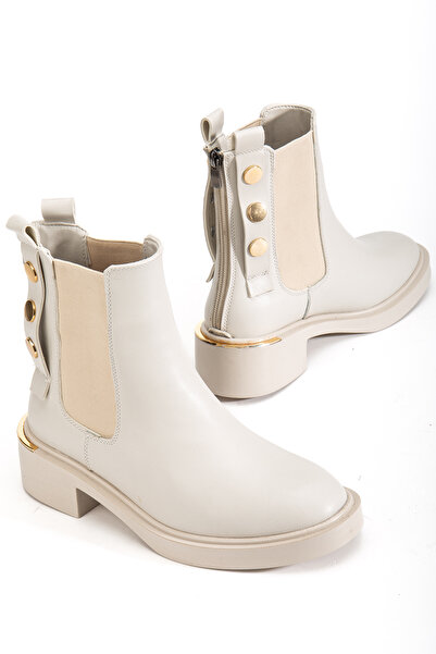 RİSSOLİ Γυναικείες μπότες με μπεζ δέρμα με χρυσό καρφωτό και λεπτομερές λάστιχο στο πλάι