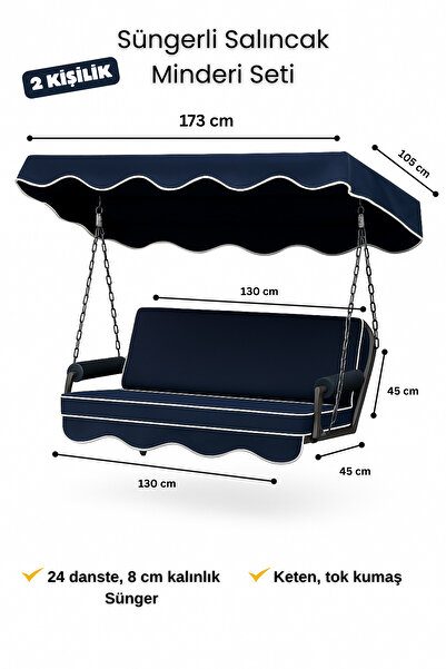 zishtekstil Keten Kumaş Süngerli Gölgelikli 2 Kişilik Salıncak Minderi 8 cm
