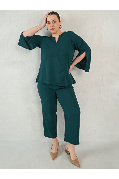 Femmella By Styli Plus Size Green Slit Sleeve Top and Pants Co-Ords