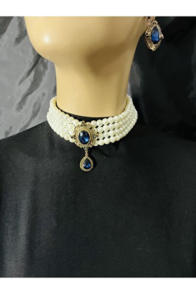 ZEYTUN AKSESUAR Vintage Pearl Necklace & Earring Set – 4 Rows of Glass Pearls, Special Occasion Jewelry Set with Stones