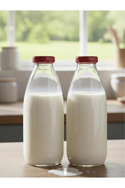 Milea 2 ADET Sızdırmaz Kırmızı Kapaklı Şeffaf Cam Süt Ayran Limonata Meşrubat Suluk Şişesi 1000 ml