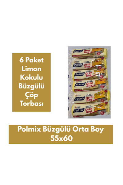 Polmix Büzgülü Orta Boy Limon Kokulu Çöp Torbası 55x60 6 paket x 10 adet =60 ...