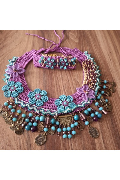 azra takı tasarım Handmade Authentic Bohemian Ethnic Purple and Turquoise Knit Needlework Natural Pearl Women's Necklace and Bracelet