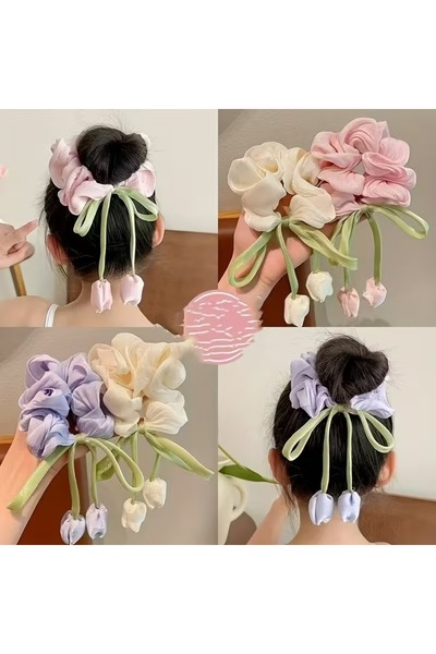 Efna Store Shiny Satin Fabric Bagel Rubber Buckle with Tulip Figure (1 Piece)