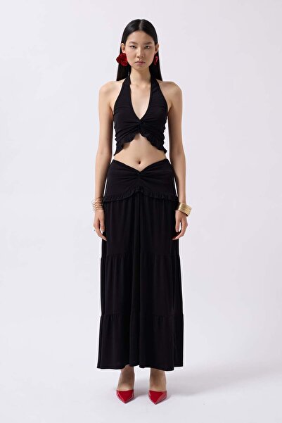 Maxi modena Gathered Detail Asymmetrical Waist Black Skirt - 40