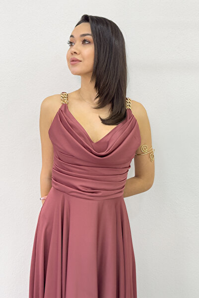 zks grup tekstil Kadın Gold Askılı Drapeli Saten Yırtmaçlı Abiye Elbise Bordo,Yeşil,Mor,Siyah,Lacivert,Saks,Gül K.