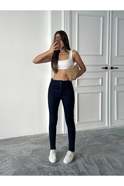 BLUE MARLIN KADIN LACİVERT YÜKSEK BEL 6 DÜĞMELİ KOT DAR PAÇA PANTOLON JEANS