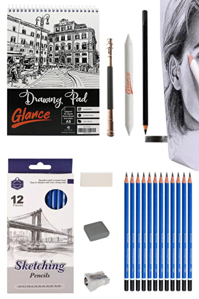 GLANCE Sketchbook A5 120 Gr 50 Yp Keep Smiling Graded Charcoal Pencil Set 2H-10B 12-Piece Cardboard Sketch Set