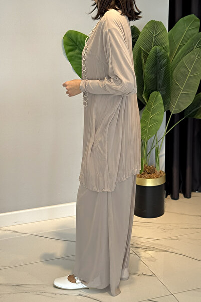 Ceremony Kolu Sandy Detailed Chain Ring Embroidered Classy Trouser Suit 5912 Beige