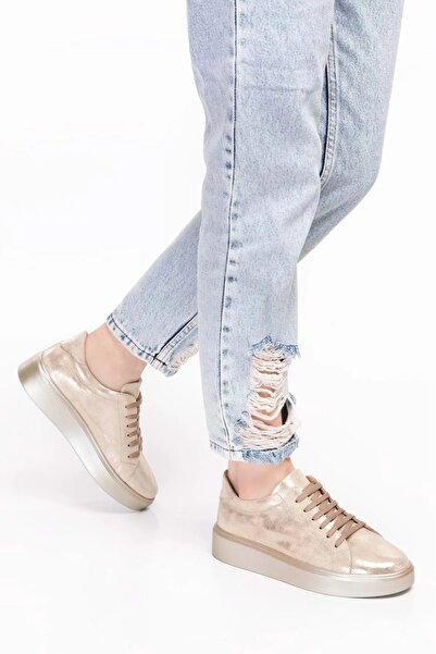 Wish BF Women's Gold Metallic Genuine Leather Sneaker - High/Platform Sole Lace-Up Casual Shoes