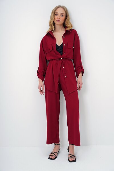 VAGGON Women's Wine Double Pocket Safari Jacket and Wide Leg Aerobin Pants Suit with Elastic Waist Ymx8448