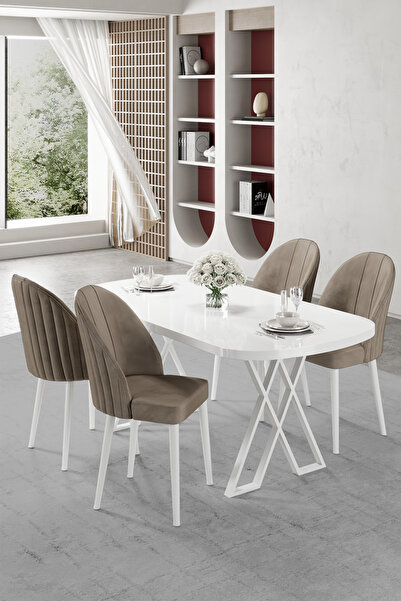 Canisa Kaye Serisi Mdf 90x168 Beyaz Mutfak Masası Takımı 4 Cappucino Sandalye