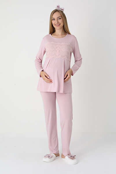 ERDENİZ TEKSTİL Hamile Lohusa Pijama ve Sabahlık Takımı / Düğmeli Gizli Emzirme / Dantel Detaylı Viskoz Gecelik