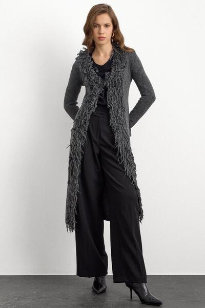 Olcay Tassel Detailed Long Knit Cardigan Anthracite 8281