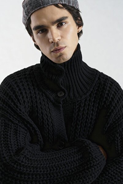 GIESTO Thick Knitted Oversize Black Cardigan