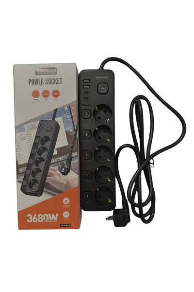 ROSE TEKNOLOJİ AKIM KORUMA VE ÇOCUK KİLİTLİ 5 PRİZ 2 USB 2 TYPE-C GİRİŞLİ 2 M UZATMA KABLOLU PRİZ