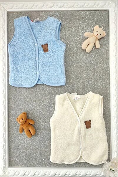 BEBENAZ welsoftlu ayıcık armalı çıtçıtlı erkek bebek 2'li peluş yelek (mavi-krem)
