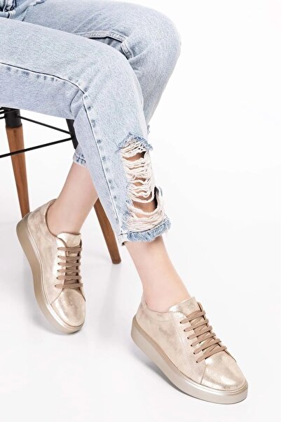 Wish BF Women's Gold Metallic Genuine Leather Sneaker - High/Platform Sole Lace-Up Casual Shoes