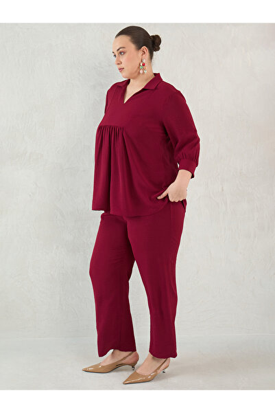 Femmella By Styli Plus Maroon Gather Detail Tunic and Pants Co-Ords