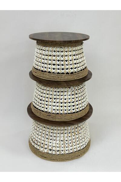 Living Set of 3 Round Wooden Tables with white Straw Base and Warm Brown Top