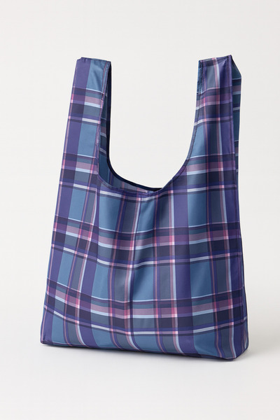 PUREYSMA Kareli Lacivert-Mor Katlanabilir Bez Alışveriş Çantası – Suya Dayanıklı ve Kılıflı