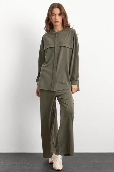 Olcay Crew Neck Premium Sweat Double Suit with Front Placket Khaki 9384-Tk