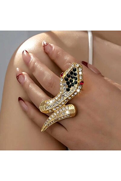 beyna aksesuar خاتم من حجر الكريستال بتصميم ذهبي على شكل ثعبان