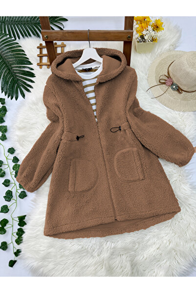 MODAQU Kapüşonlu Fermuarlı Beli Lastikli Peluş - Taba