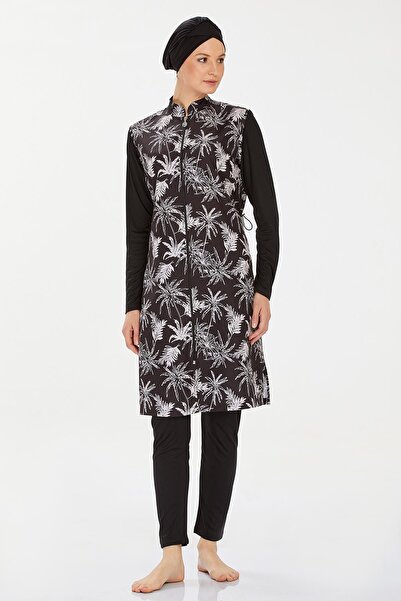 Elit Black Palm Pattern Long Sleeve Zippered Full Covered Hijab Swimsuit 9269