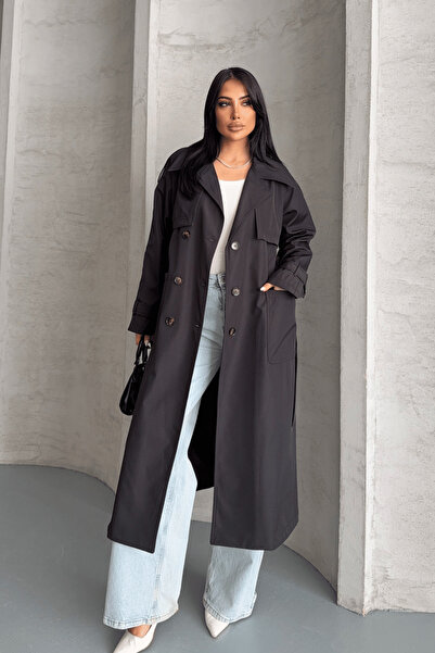BEYBOS Trench din material Bondit cu buzunare - NEGRU