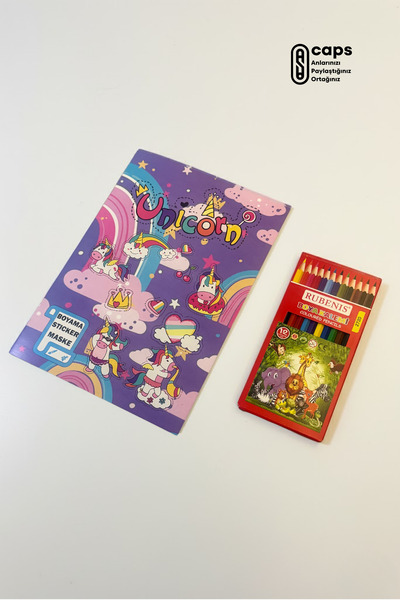 caps office Unicorn Boyama Defteri – Çıkartmalı, Maskeli ve 12’li Kuru Boya S...