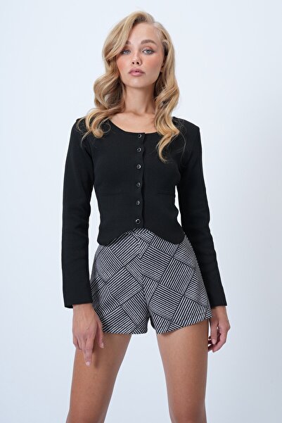 VAGGON Women's Black Crew Neck Button Front Knit Blouse Prmx14600