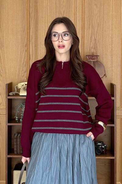 Ceylan Otantik Burgundy Striped Knitwear Sweater