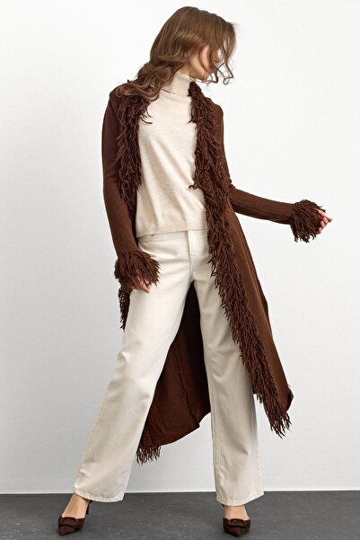 Olcay Tassel Detailed Long Knitwear Cardigan Brown 8281