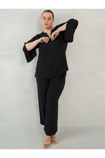 Femmella By Styli Plus Size Black Slit Sleeve Top and Pants Co-Ords