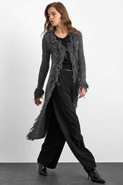 Olcay Tassel Detailed Long Knit Cardigan Anthracite 8281
