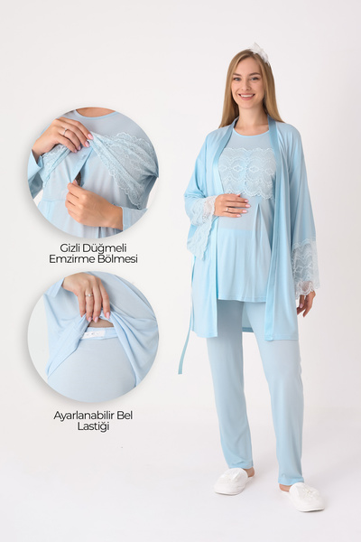 ERDENİZ TEKSTİL Hamile Lohusa Pijama ve Sabahlık Takımı / Düğmeli Gizli Emzirme / Dantel Detaylı Viskoz Gecelik