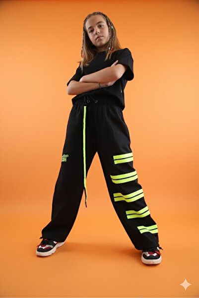 Hippie Hop Siyah -Neon Yeşil Pantolon KIZ, ERKEK Çocuk Pantolonu Beli Lastikli Bol Paça Hip Hop Kargo Pantolon