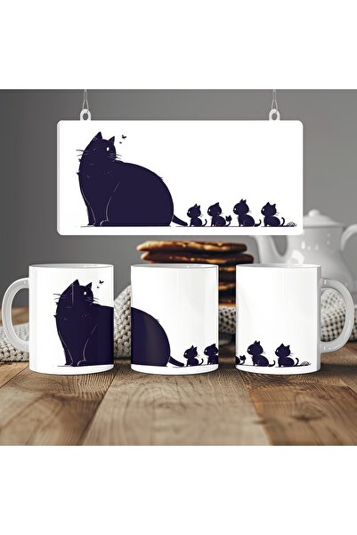 Beramussa كوب بتصميم عائلة القطط السوداء - كوب هدية مع شكل قطة بسيط