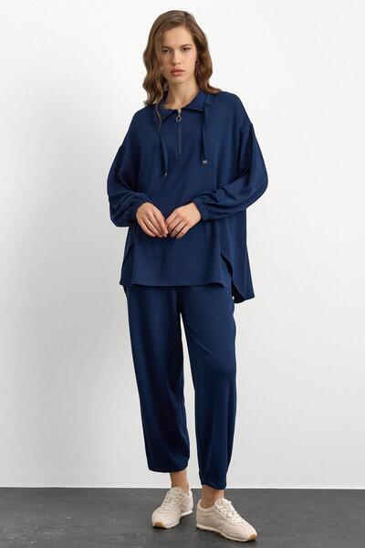 Olcay Knitted Sweat Suit with Zipper and Cup Detail Dark Blue 9385-Tk