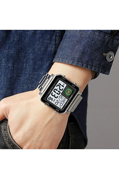 Skmei Ceas de mână bărbătesc cu LED-uri digitale, pătrat, cu iluminare din spate luminoasă, casual, argintiu