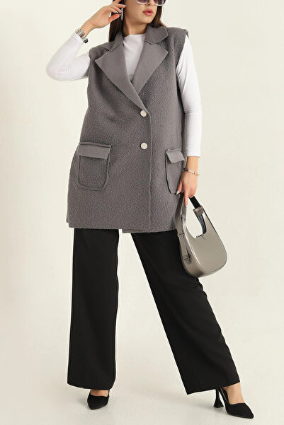 VıoShıne Kadın Kruvaze Yaka Düğmeli Uzun Buklet Kaşe Yelek