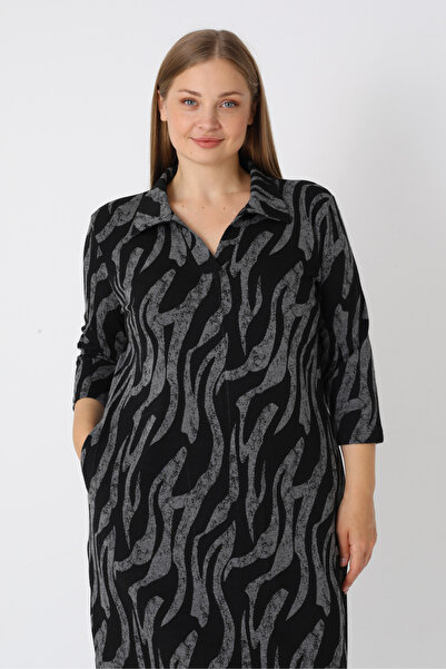 İntensive Kadın Büyük Beden Siyah Desenli Likralı Cepli Anvelop Jakarlı Elbise