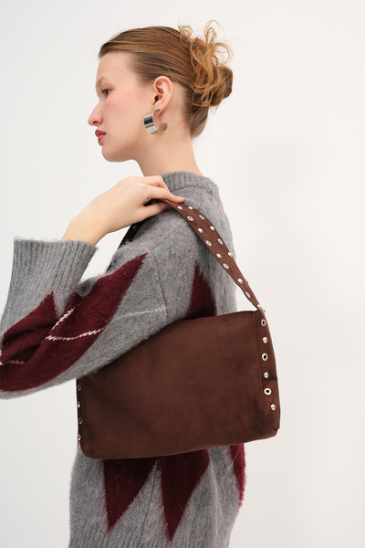 Addax Studded Suede Hand and Shoulder Bag Ç1055