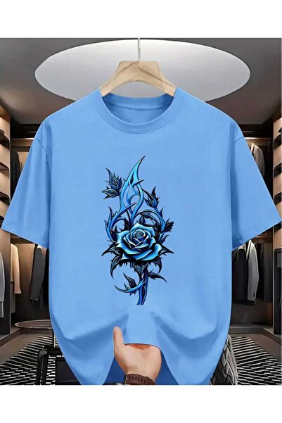 ORVIO Group Men's Blue Flame Rose Printed T-Shirt