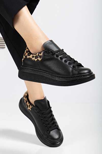 Erceka Pantofi sport pentru femei, potriviti pentru uz zilnic, cu șireturi, culoare neagră, leopard