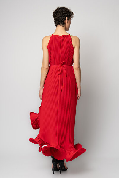 RENGIN Etek ucu volanlı komple piliseli krep abiye elbise