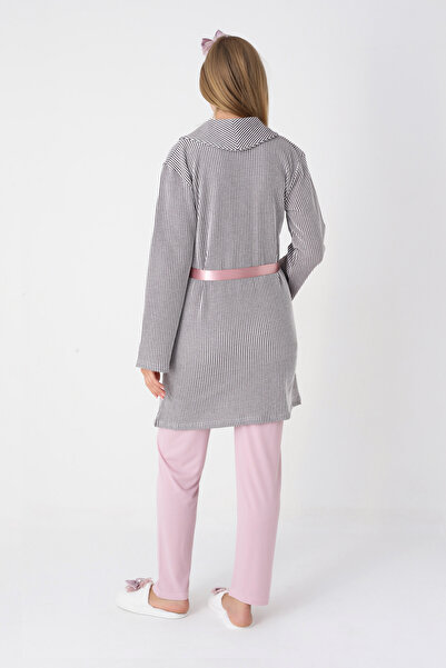 ERDENİZ TEKSTİL Maternity and Pregnancy Pajamas and Jacquard Striped Robe Set Front Buttoned Long Sleeve Sleepwear 3-Piece Set