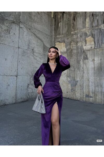 diloxe Kadife Maxi Boy Derin Yırtmaçlı Abiye Elbise