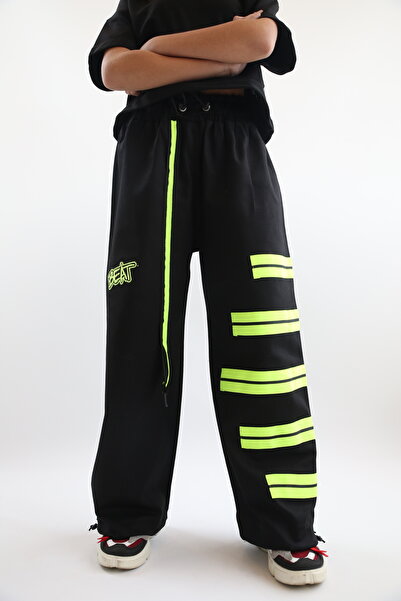 Hippie Hop Siyah -Neon Yeşil Pantolon KIZ, ERKEK Çocuk Pantolonu Beli Lastikli Bol Paça Hip Hop Kargo Pantolon